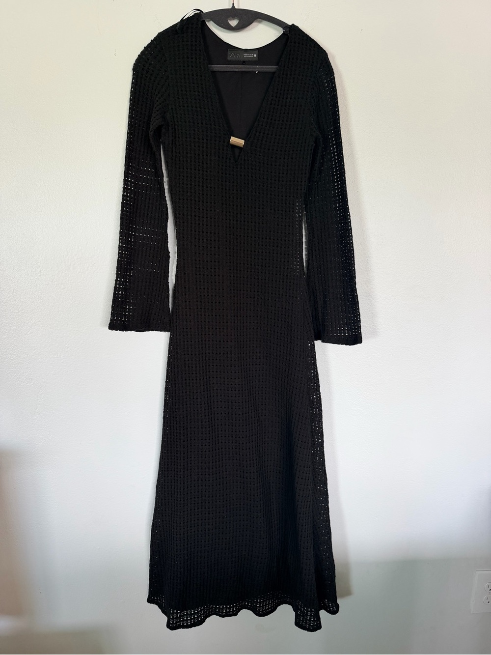 Zara Black Long-Sleeve Open-Knit V‑Neck Maxi Dress